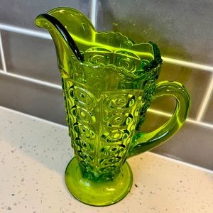 Vintage Viking Glass Bullseye Pitcher Midcentury Green Yesteryear - EUC!